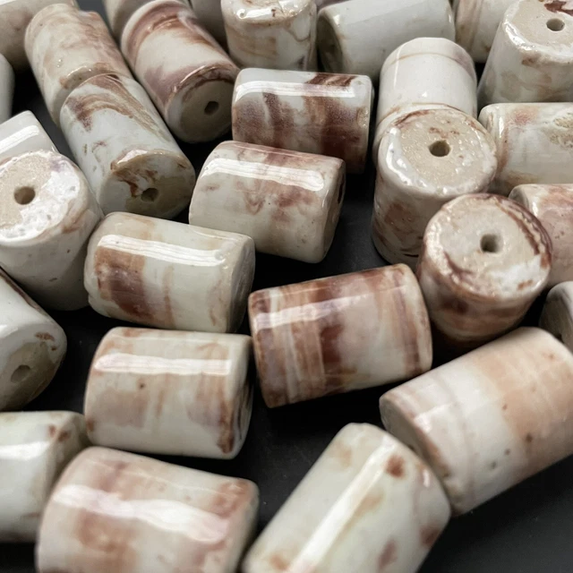 40 Large Vintage Ceramic Pottery Beads Gray Brown Contemporary Modern Chunky