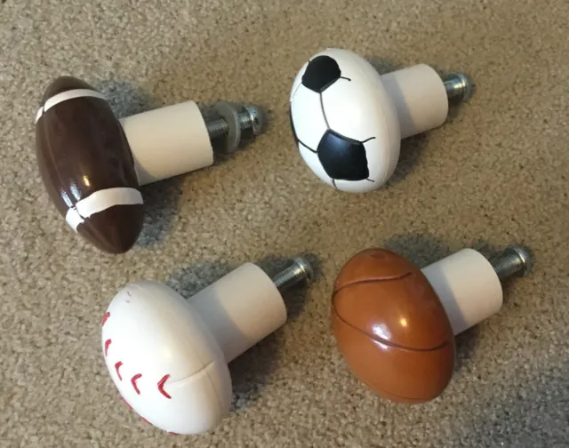 Sports DRAWER/SHELF PULL KNOBS Baseball Basketball Soccer Football 1.5" Set of 4