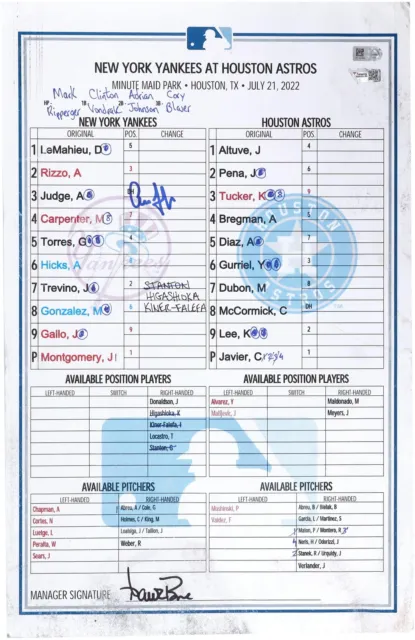 Game Used Aaron Judge Yankees Lineup Card