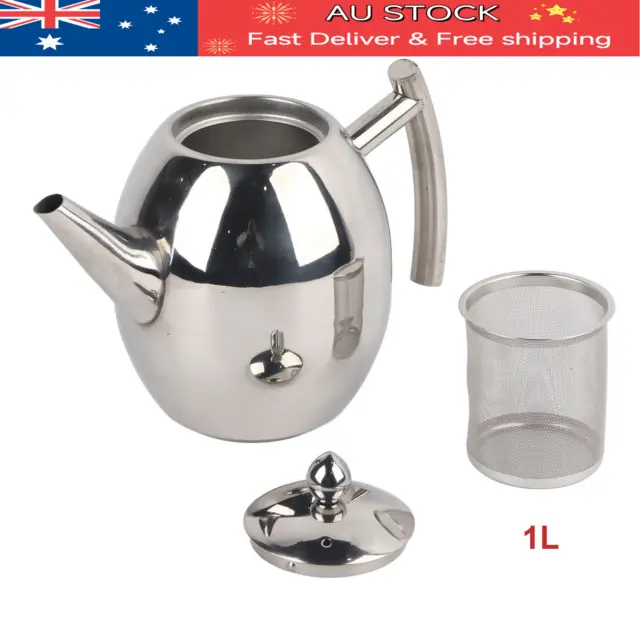 1L Stainless Steel Teapot Coffee Pot Kettle & Tea Leaf Filter Infuser Silver