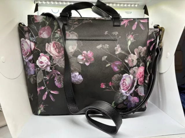 Elliott Lucca Designer Black Pink Rose Crossbody Handbag 12”x9” NWT  $179