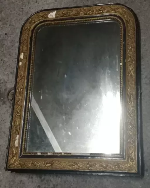 Ancien Miroir Louis Philippe en stuc patiné noirci et doré XIX siècle 70 cm