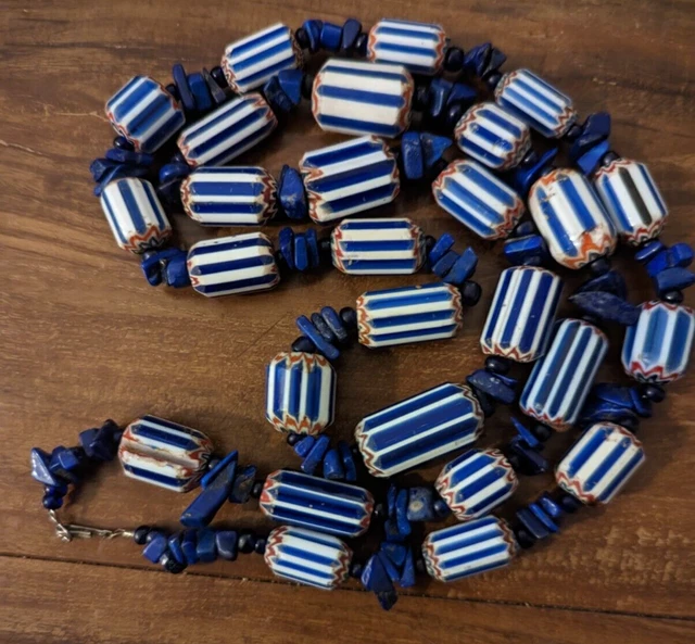 Beaded Necklace with blue chips in between beaded stations,  Necklace 27 beads.
