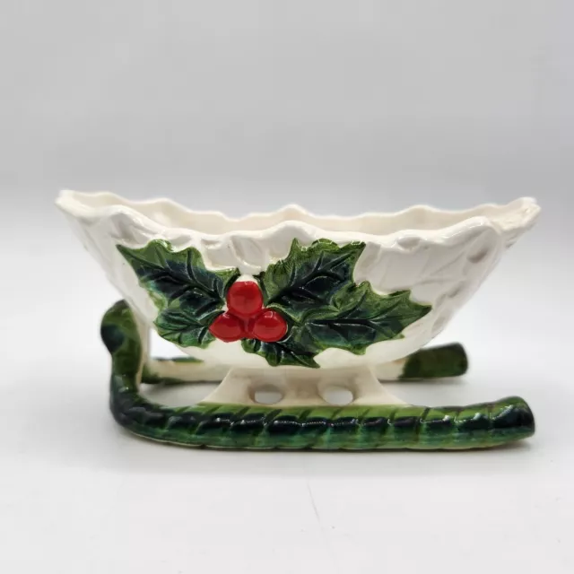 Vintage Lefton White Christmas Sleigh 1970/71 #6048 Centerpiece Bowl Holly Berry