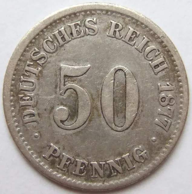 Moneta Reich Tedesco Impero Argento 50 Pfennig 1877 H IN fine / Very