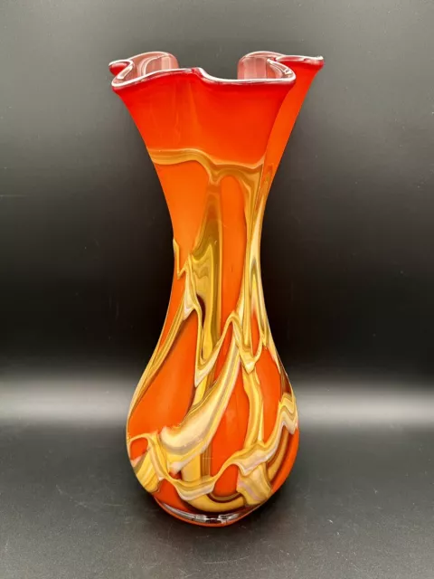 Hand-Blown 15" BAIJAN Art Glass Vase - Essie Zareh - Orange/Brown Multi-layer