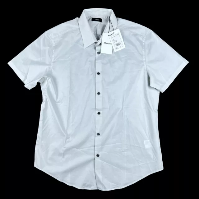 NEW THEORY Sylvain White Button Down Shirt Size XL Short Sleeve Stretch Hawaiian
