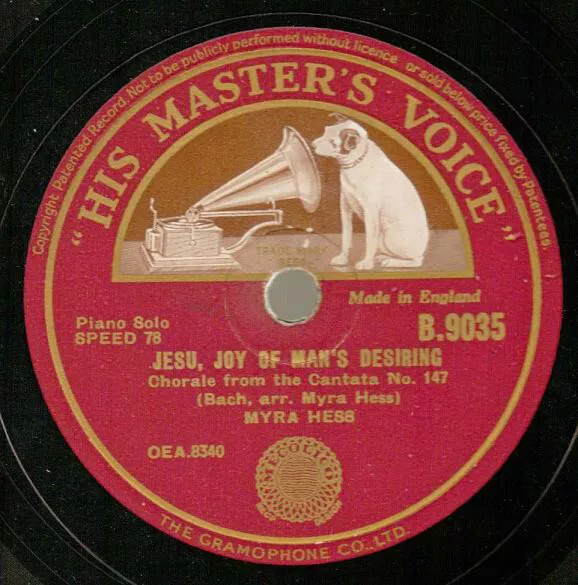 Myra Hess - Jesu, Joy Of Man's Desiring / Sonata In G Major (Shellac, 10")