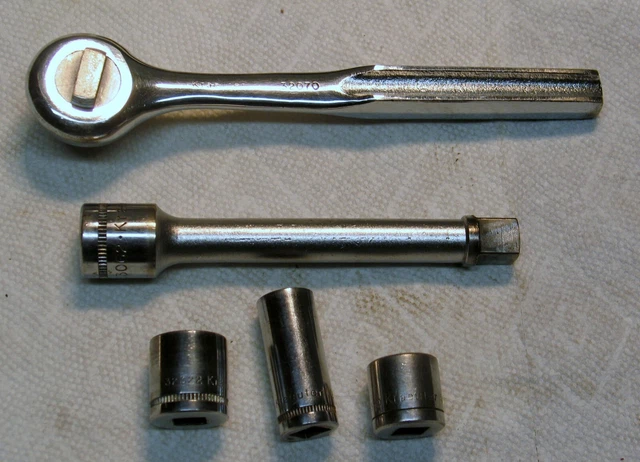 Vtg 5 Pc Lot of Kraeuter 3/8" Dr Ratchet & (3) Sockets + (1)  1/2" Dr Extension