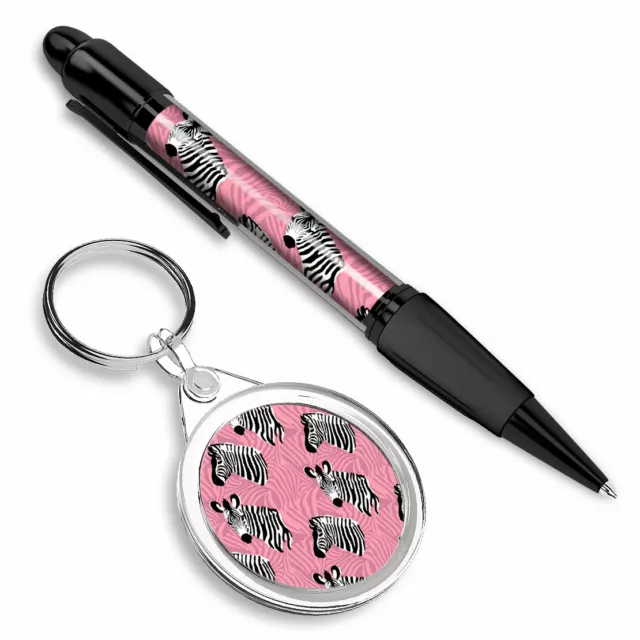 Pen & Keyring (Round) - Pink Zebra Print Animal Head #15786