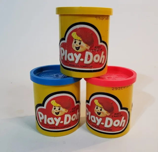 Vintage 1987 Play-Doh Modeling Compound Lot of 3 Yellow, Blue & White