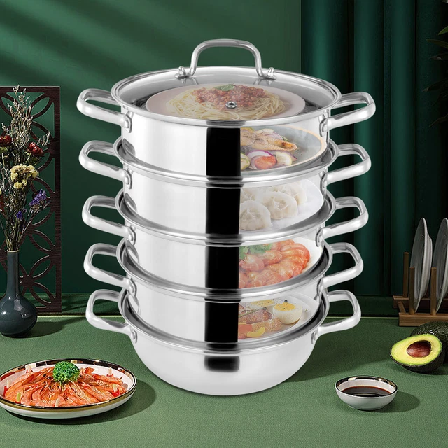 Nuevo 28/30cm Inducción Cocinador a vapor Cocinador 5 Capas Acero Inoxidable Fungador