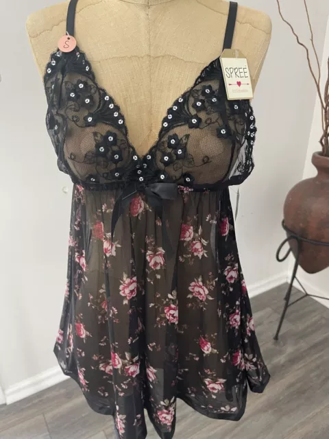 NWT WOMEN'S BLACK Floral Spree Intimates Babydoll + Panties Lingerie Set  Size S $18.00 - PicClick