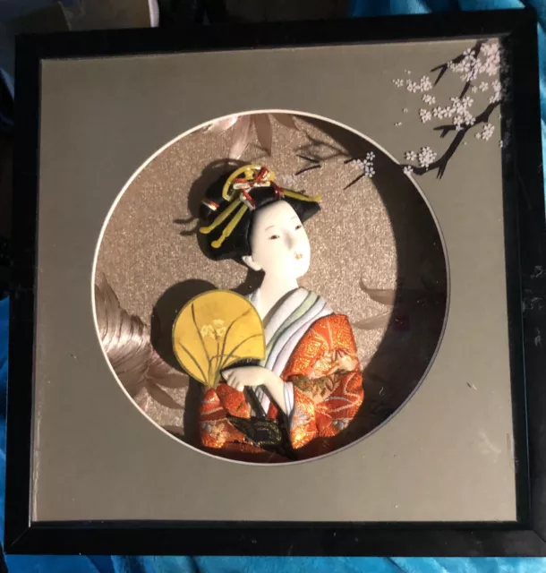 Set Of 2 Silk 3D Wall Art Geisha Japanese Kimono Shadow Box Art Asian Signed