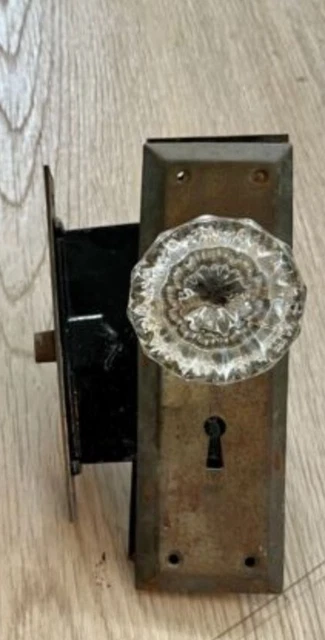 Vintage 12 Point Crystal Door Knob, OG Brass Backplates and Mortise