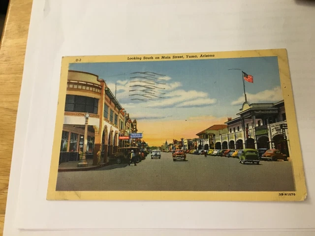 Looking South On Main St Vtg Cars Street Scene Yuma ,AZ Vtg 1940's  Postcard