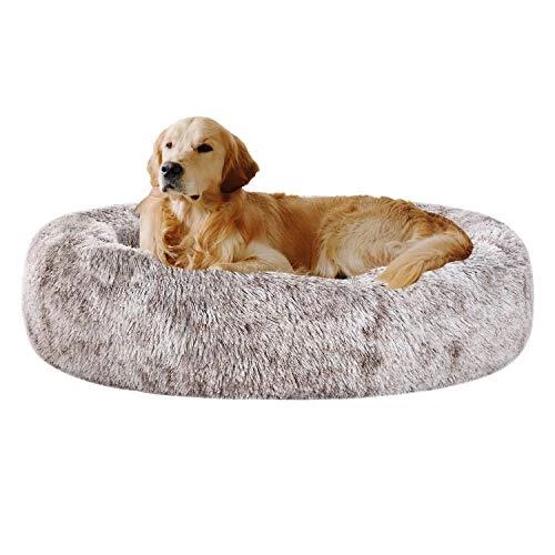 Oval Calming Donut Cuddler Dog Bed,Shag Faux Fur Cat Bed Washable Round Pillo...