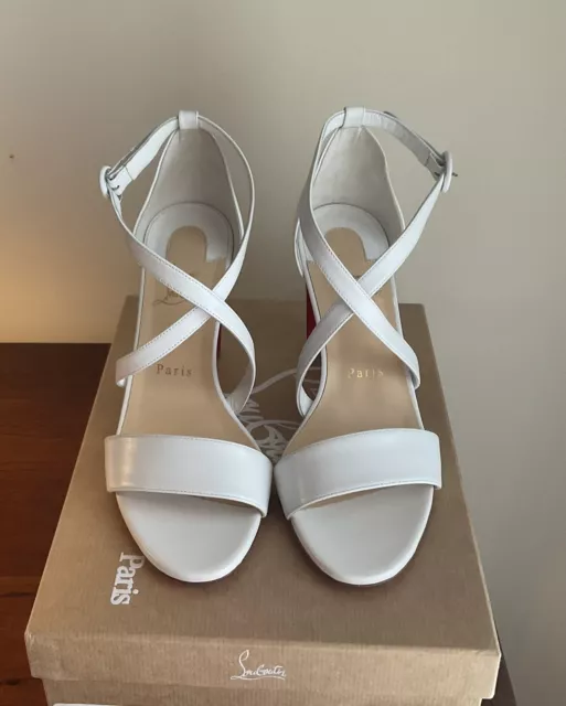 christian louboutin white leather block heel sandals size 8 womens