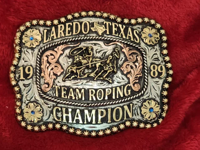 Team Roping Pro Rodeo Champion Trophy Buckle☆Laredo Texas☆1989☆Rare☆764