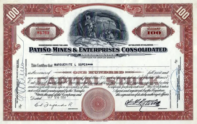 Patino Mines & Enterprises Consolidated Inc., 1951 (100 Shares)