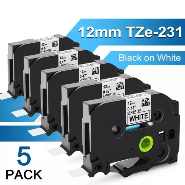 5 TZe-231 TZ-231 For Brother P-Touch Black on White Label Tape 12mm Laminated AU