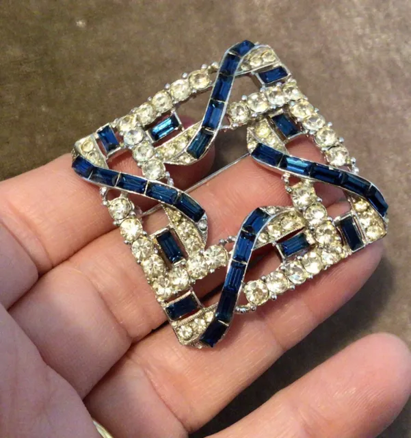 Vintage Jewellery Sapphire Blue Paste Baguette Crystal & Clear Paste Brooch