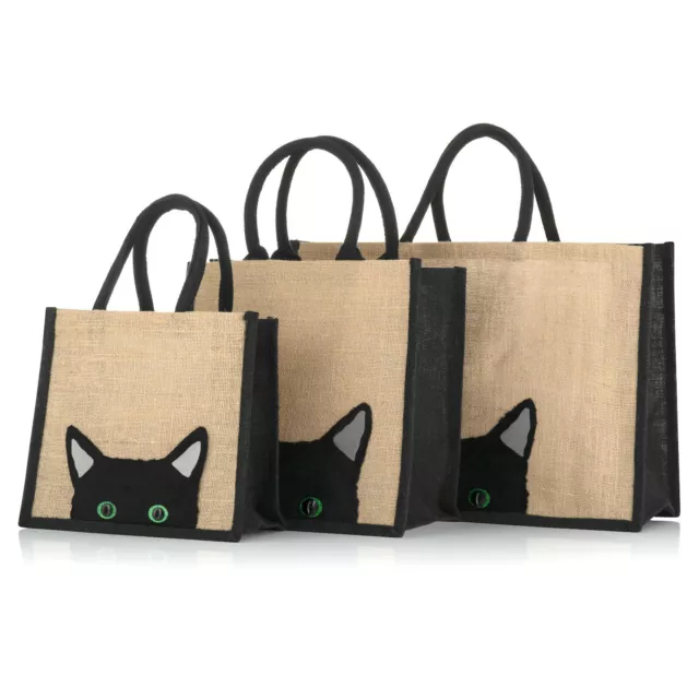 Bolsa de compras Yute Hessian con adornos negros - gato Peekaboo