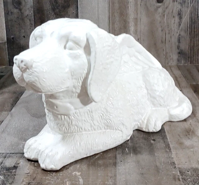 LARGE 15×9x8 LAYING PUPPY DOG GUARDIAN ANGEL STATUE SCULPTURE WHITE CERAMIC 3
