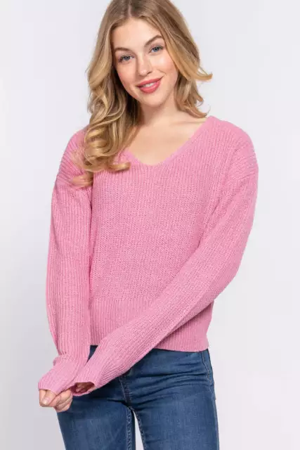 Women's Dolman Long Sleeve V-neck Strappy Open Back Soft Sweater - Pink