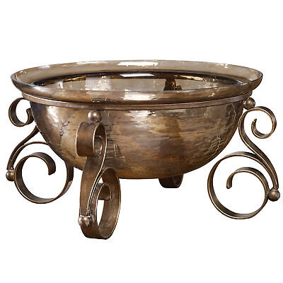 Luxe Copper Bronze Luster Glass Centerpiece Bowl | Iron Scroll Old World Ornate