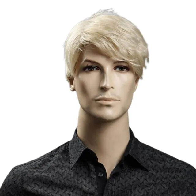 European and American Mens Straight Blonde Short Fake Hair Wig Oblique Bangs Wig