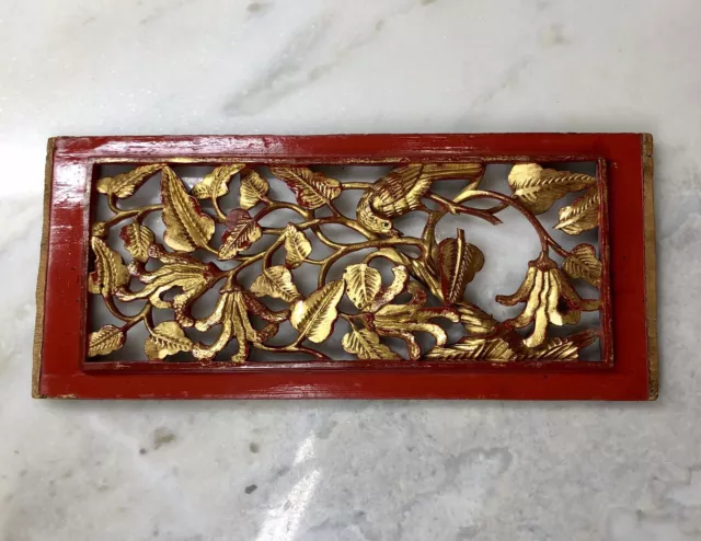 Antique Chinese Deeply Carved Red Lacquer & Gold Gilt bird and flower Wood Panel