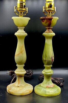 Antique Pair Giuseppe Bessi Green Onyx Lamps Stunning Hollywood Regency 15"