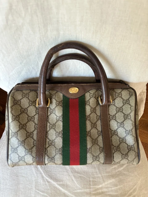 Vintage Gucci Web Boston Bag Brown GG Canvas Logo Satchel Top Handles Green Red
