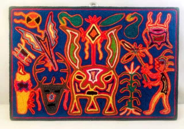 Intricate Mexican Huichol Yarn Painting Dowry Blessing Festival 9"x6" EXCELLENT!