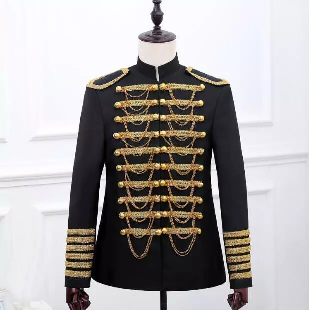 Mens Prince Military Coat Double Breasted Gold Chain Jacket Costume Blazer Suit