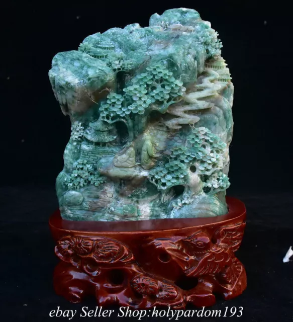 9.2" Chinese Natural Green Dushan Jade Carved Mountain Tree Figure Statue