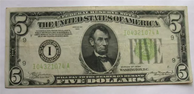 1934 Series $5.00 Five Dollar Federal Reserve Currency Note Bill