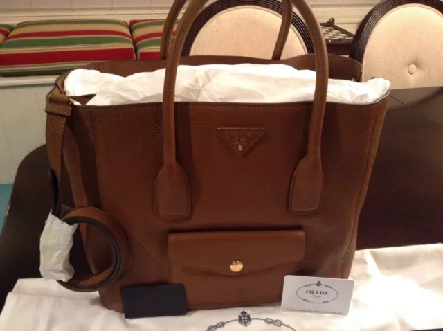 Prada Daino Side-Zip Twin Pocket Tote Bag, Brown (Brandy) Leather BN2672