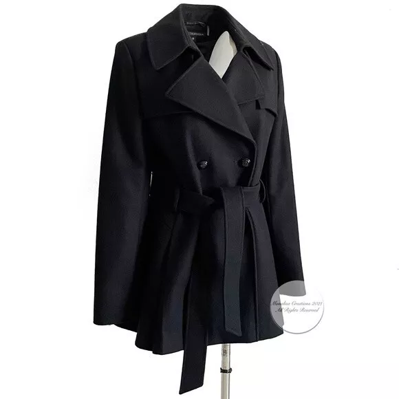 Via Spiga Black Wool Blend Coat Double Breasted Belt Pleated Hem Women Sz 10 EUC 2