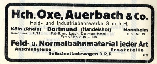 Hch. Oxe, Auerbach & Co. Dortmund Feld- u. Normalbahn Historische Reklame 1925