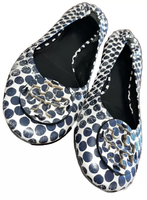 TORY BURCH Reva Leather Ballet Flats Shoes-Classic Navy White Polka Dots-Size 8M