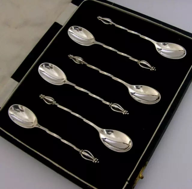 SIX BEAUTIFUL DUTCH SOLID SILVER MID CENTURY MODERN SPOONS c1960 CASED