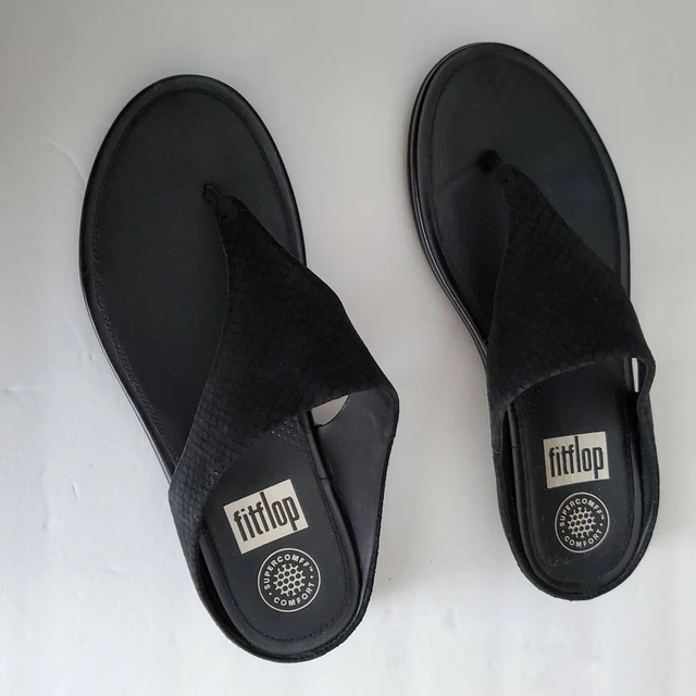 FITFLOP L88-001 Banda Black Suede Snake Print Comfort Flip Flop Women’s Size 7 2