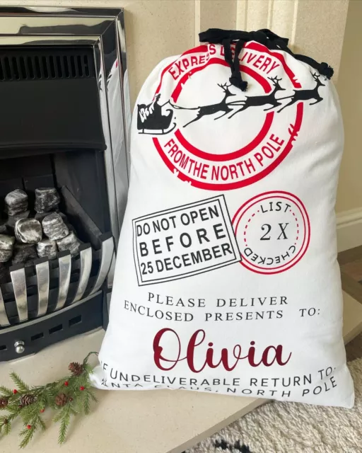 Personalised Santa Sack Christmas Present Large Gift Bag Name Open 25th