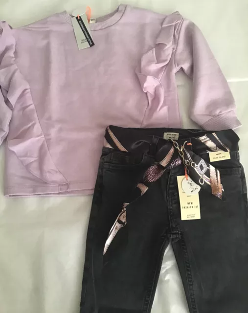 Abito top con felpa River Island mini ragazze età 2-3 anni viola frilly nuovo con etichette