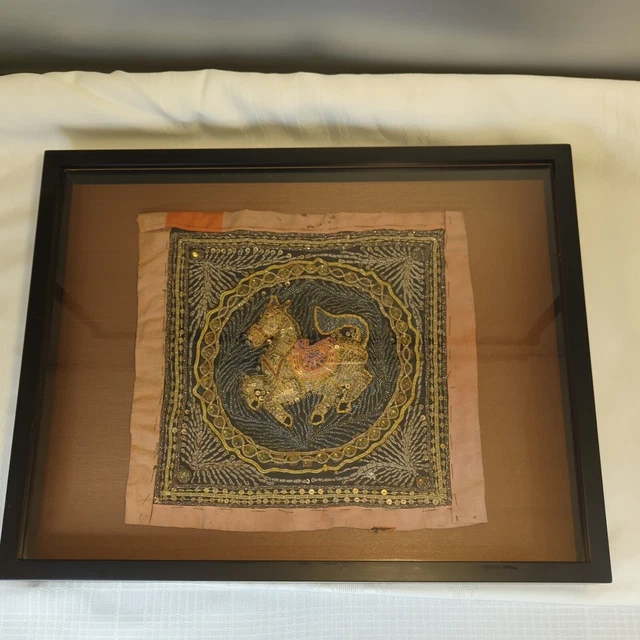 Vintage Kalaga Tapestry Asian Burmese Horse Gold Hand Made Thai India framed