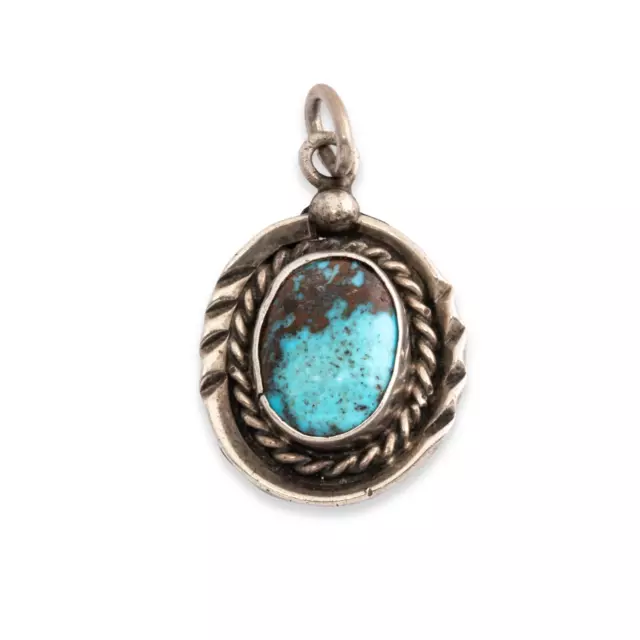 Native American Sterling Silver Blue Turquoise Rope Border Pendant