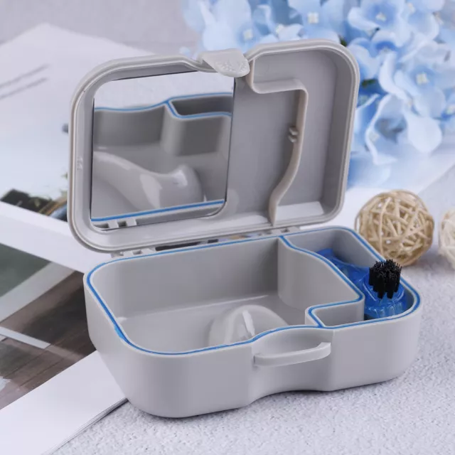 Denture false teeth storage box case with mirror and clean brush appliancfwJ#7H