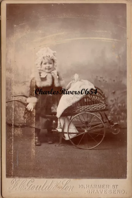 Cabinet Card Charming Girl With Doll In Pram Victorian Antique Photo #C432